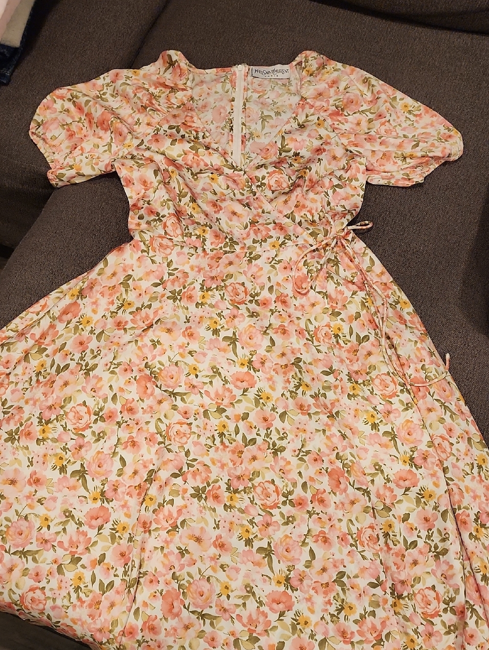 Yves Saint Laurent Gorgeous Floral V-Neck Dress in Peach, Pink & Green
